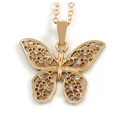 Gold Tone Clear Crystal Butterfly Pendant with Gold Tone Chain - 42cm L/ 4cm Ext - main view