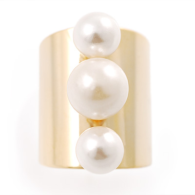 Gold Wide Band Faux Pearl Ring - main view