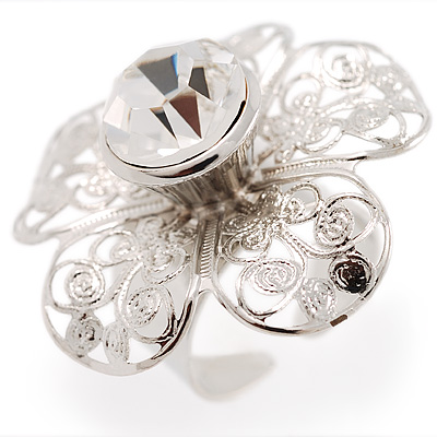 Large Silver Filigree Flower Cocktail Ring - main view