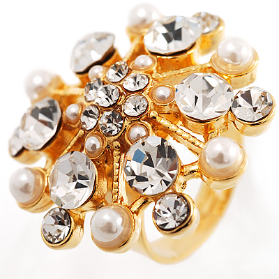 Simulated Pearl Crystal Gold Cocktail Ring - main view