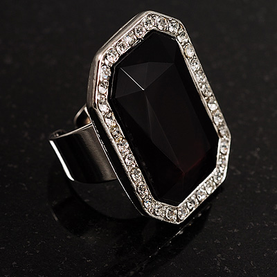 Large Jet-Black Crystal Silver-Tone Rectangular Fashion Cocktail Ring - main view