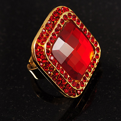 Red Crystal Square Fashion Cocktail Ring - main view