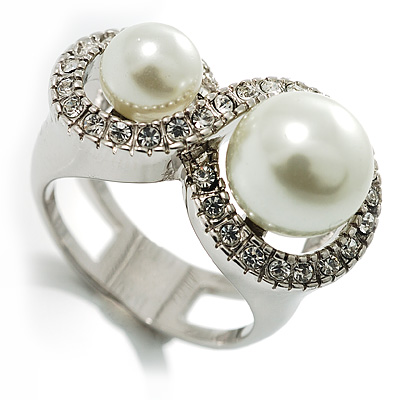 Rhodium Plated Faux Pearl Crystal Accent Ring (Snow White) - main view