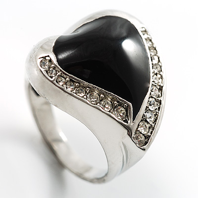 Black Enamel Crystal Heart Ring - main view