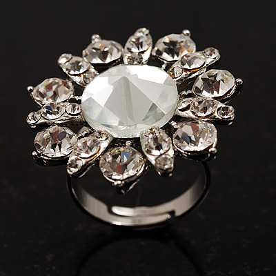 Rhodium Plated Diamante Flower Cocktail Ring (Clear) - main view