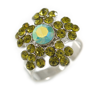 Green Diamante Floral Ring
