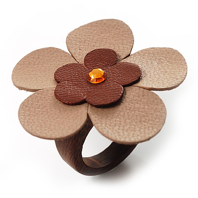 Leather Floral Cocktail Ring (Brown&Beige) - main view