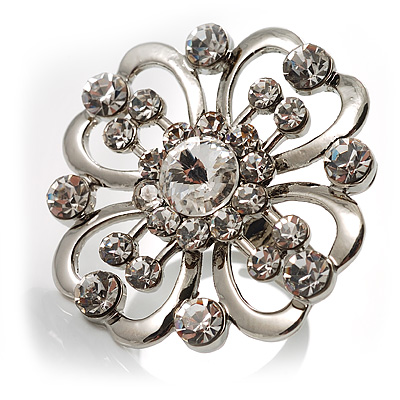 Rhodium Plated Clear Flower Cocktail Ring