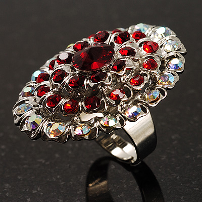 Large Oval-Shaped Crystal Cocktail Ring (Red) - main view