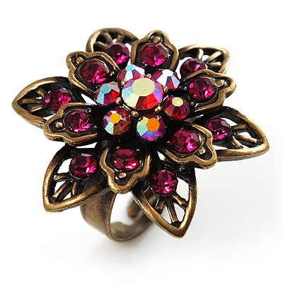 Bronze-Tone Crystal Flower Cocktail Ring (Magenta) - main view