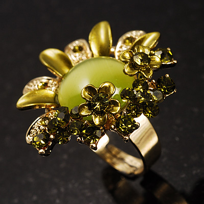 Olive Green Diamante Enamel Floral Cocktail Ring - main view