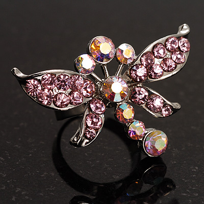 Rhodium Plated Diamante Dragonfly Fashion Ring (Pink) - main view