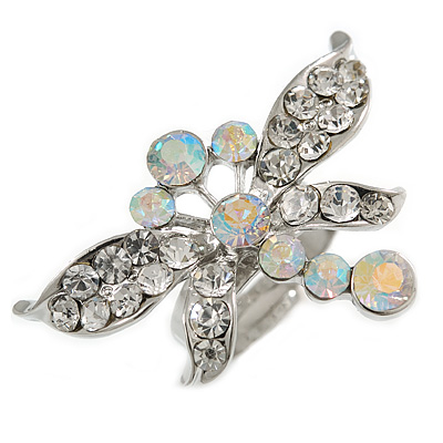 Rhodium Plated Diamante Dragonfly Fashion Ring (Ice Clear)