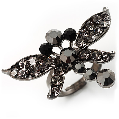 Rhodium Plated Diamante Dragonfly Fashion Ring (Jet Black) - main view