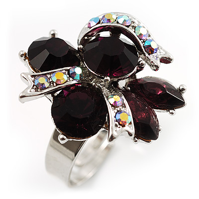 Rhodium Plated Crystal Cluster Fashion Ring (Violet&Purple) - main view