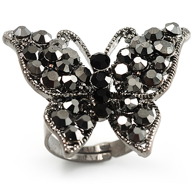 Black Tone Jet-Black Crystal Butterfly Ring