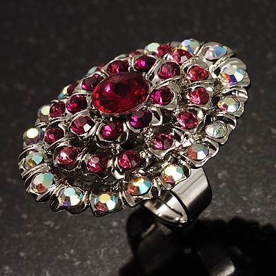 Large Oval-Shaped Crystal Cocktail Ring (Pink) - main view