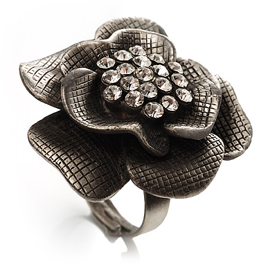 Antique Silver Crystal Rose Cocktail Ring - main view