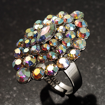 Rhodium Plated Iridescent AB Crystal Cocktail Ring - main view