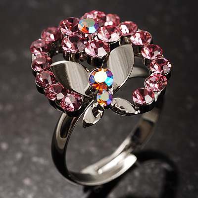 Crystal Butterfly And Flower Ring (Silver&Pink) - main view