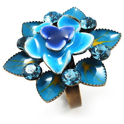 Sky Blue  Crystal Enamel Cocktail Ring (Bronze Tone) - main view