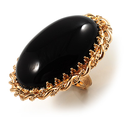 Oversized Oval Shaped Black Cocktail Ring (Gold Tone) - main view