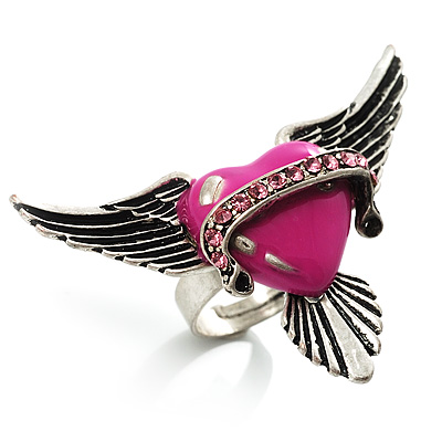 Vintage Pink Heart And Wings Cocktail Ring (Antique Silver) - main view
