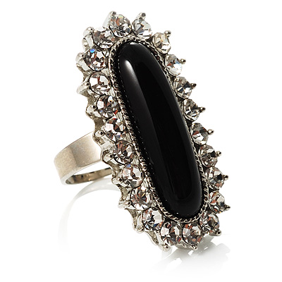 Black Crystal Oval Cocktail Ring (Silver Tone) - main view
