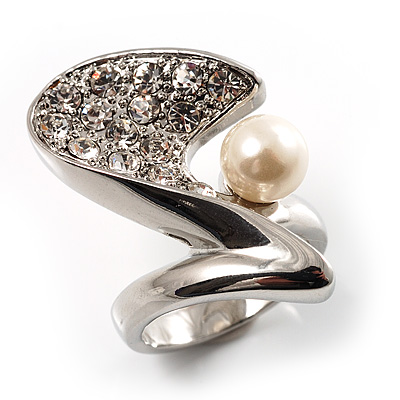 Crystal Curve Faux Pearl Rhodium Plated Ring - main view