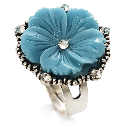 Antique Silver Pale Blue Flower Ring - main view