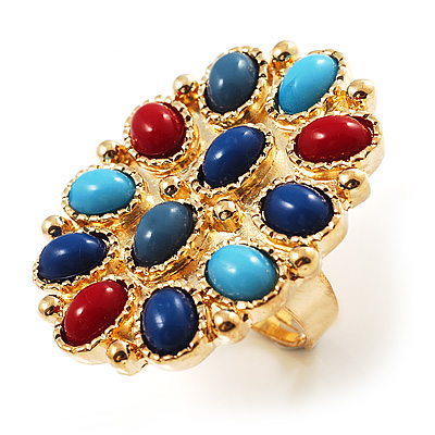 Oversized Multicoloure Oval Cocktail Ring (Gold Tone) - main view
