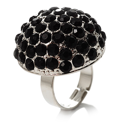 Silver-Tone Crystal Dome Shape Cocktail Ring (Jet-Black) - main view