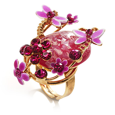 Exquisite Flower And Butterfly Cocktail Ring (Gold And Magenta) - main view