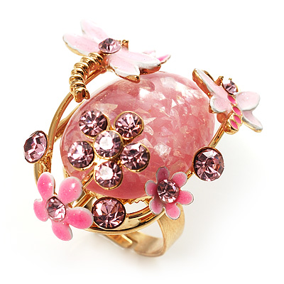 Exquisite Flower And Butterfly Cocktail Ring (Gold And Pale Pink) - main view
