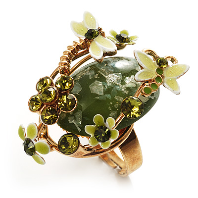 Exquisite Flower And Butterfly Cocktail Ring (Gold And Olive Green) - main view