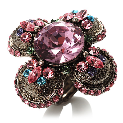 Vintage Four Petal Crystal Flower Cocktail Ring (Multicoloured) - main view