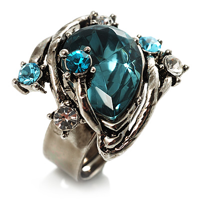 Vintage Pear-Cut Crystal Cocktail Ring (Teal&Clear) - main view