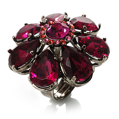Oversized Magenta Crystal Flower Cocktail Ring - main view