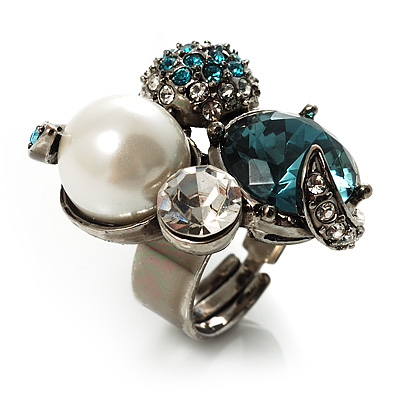 Luxurious Crystal Cluster Cocktail Ring (Teal, Clear & Snow White) - main view