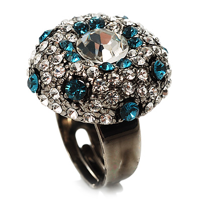 Crystal Dome Shaped Cocktail Ring (Icy Clear&Teal Blue) - main view