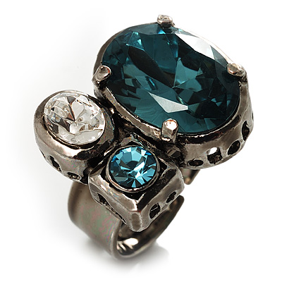 Bold Crystal Cluster Cocktail Ring (Clear&Teal) - main view