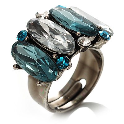 Oval-Cut Crystal Cocktail Ring (Clear&Teal) - main view