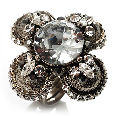 Vintage Four Petal Crystal Flower Cocktail Ring (Clear&Dim Grey) - main view