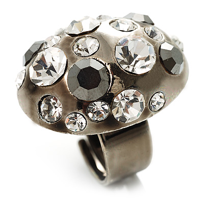 Diamante Dome Shaped Cocktail Ring (Clear&Jet-Black) - main view