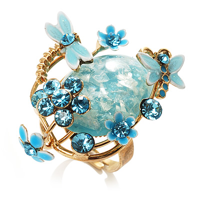 Exquisite Flower And Butterfly Cocktail Ring (Gold And Light Blue) - main view