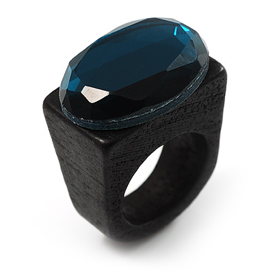 Teal Blue Oval Glass Wooden Ring (Dark Brown) - main view