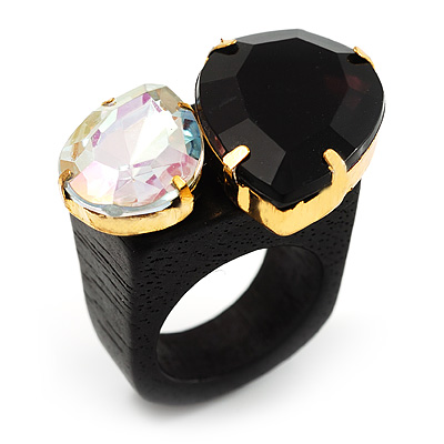 Acrylic Wooden Boho Style Fashion Ring (Black&Clear)