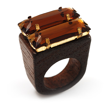 Amber Coloured Acrylic Wood Boho Ring (Dark Brown) - main view