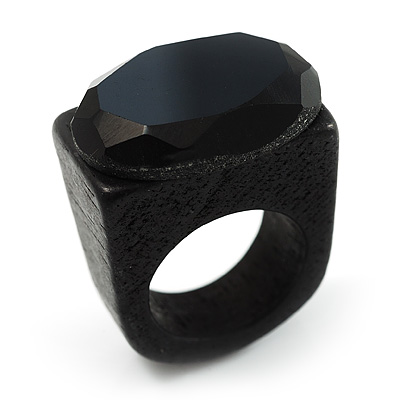 Jet-Black Oval Glass Wooden Ring (Black) - main view