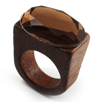 Amber-Coloured Oval Glass Wooden Ring (Brown) - main view